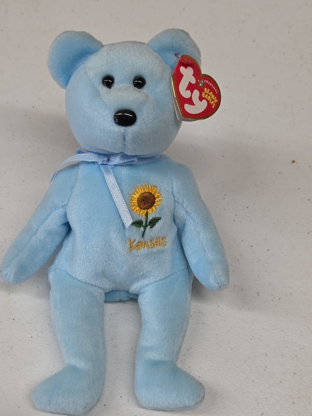 Ty Blue Plush Bear Kansas with Sunflower Embroidery